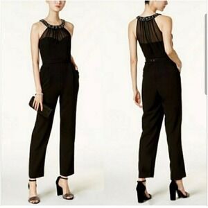 Vince Camuto Embellished Halter Jumpsuit Womens Black Excellent Formal Mesh Neck